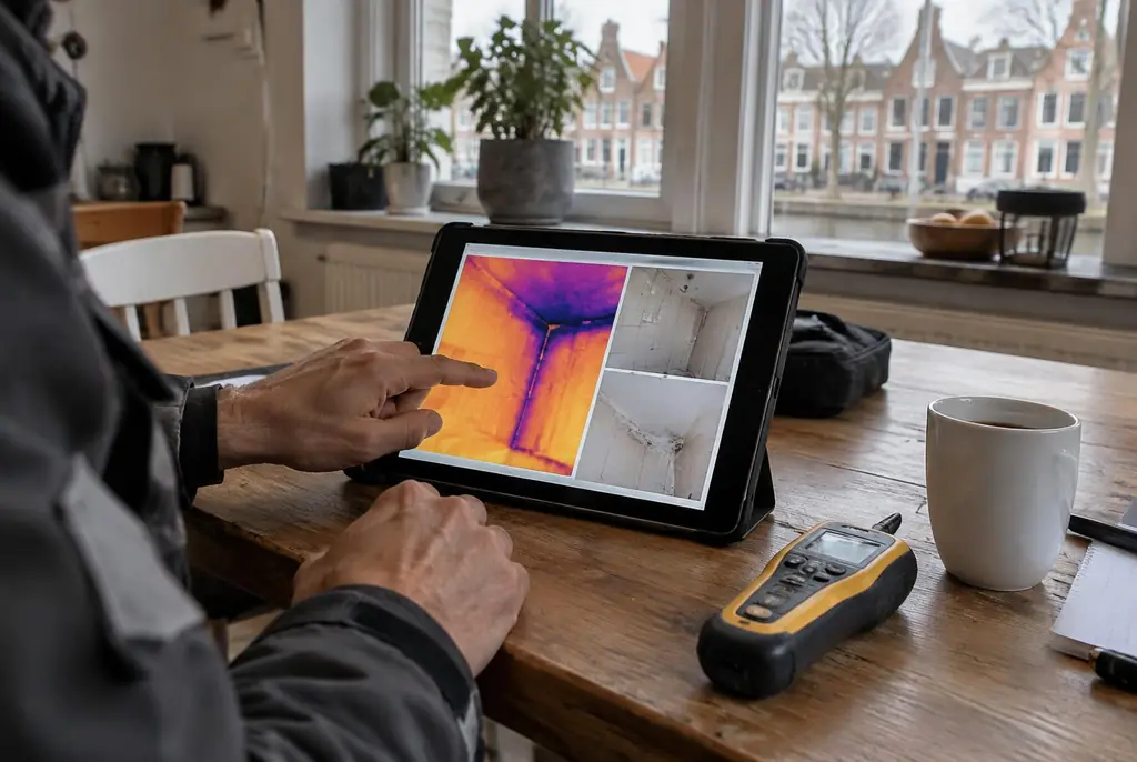 Lekdetectie Haastrecht – lekdetectierapport met warmtebeelden en foto's op een tablet