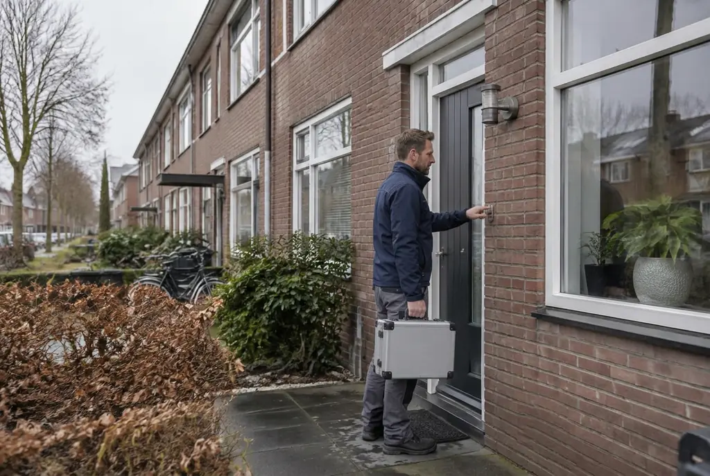 Lekdetectiespecialist met meetkoffer bij de voordeur van een woning in Haastrecht